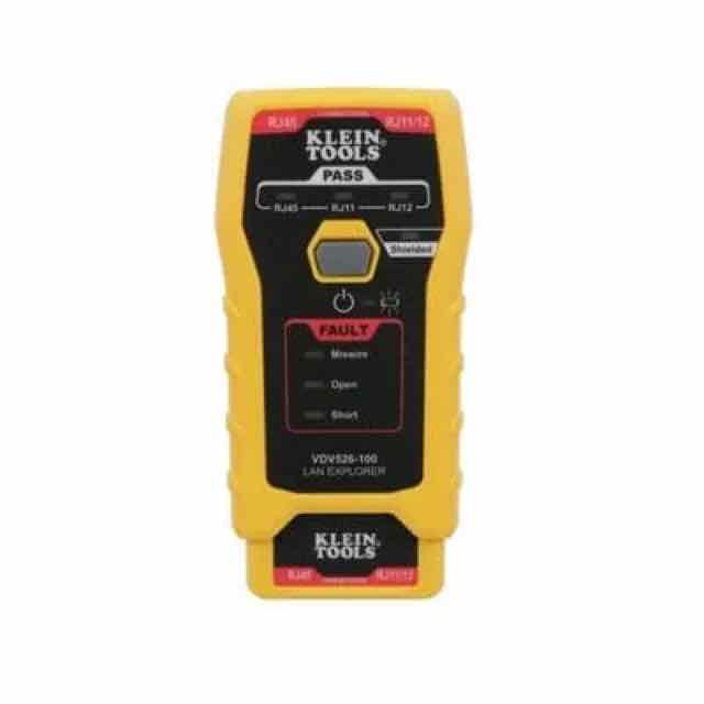 Yellow Klein Tools handheld cable tester for RJ45 and RJ11/12 voice and data cabling, shown front-on against a plain white background.